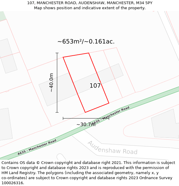 107, MANCHESTER ROAD, AUDENSHAW, MANCHESTER, M34 5PY: Plot and title map