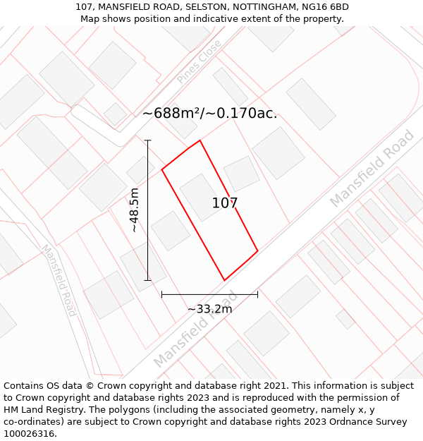 107, MANSFIELD ROAD, SELSTON, NOTTINGHAM, NG16 6BD: Plot and title map