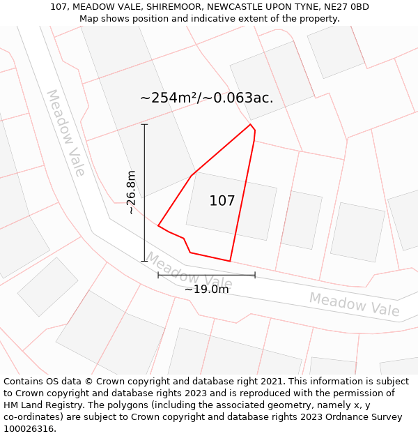 107, MEADOW VALE, SHIREMOOR, NEWCASTLE UPON TYNE, NE27 0BD: Plot and title map