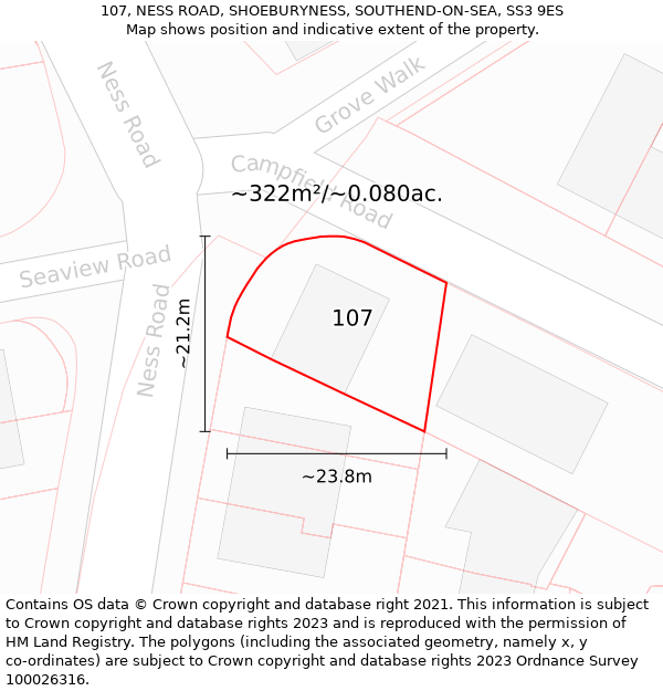 107, NESS ROAD, SHOEBURYNESS, SOUTHEND-ON-SEA, SS3 9ES: Plot and title map