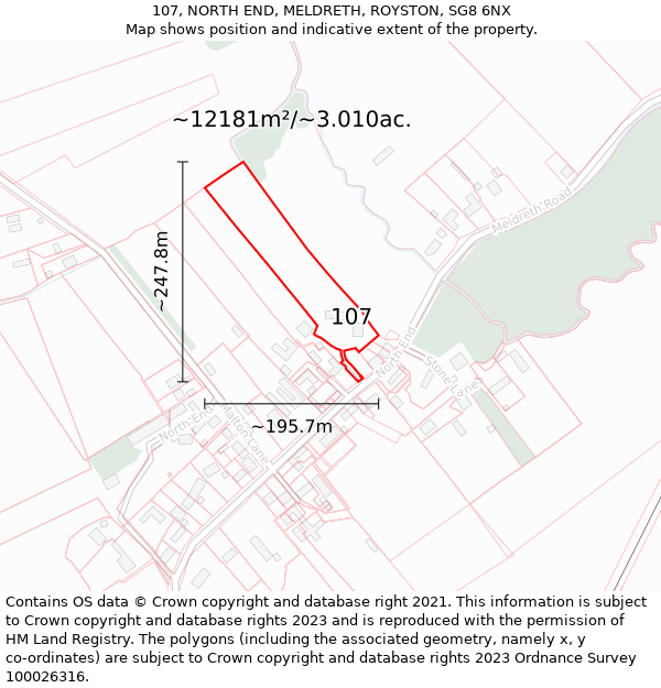 107, NORTH END, MELDRETH, ROYSTON, SG8 6NX: Plot and title map