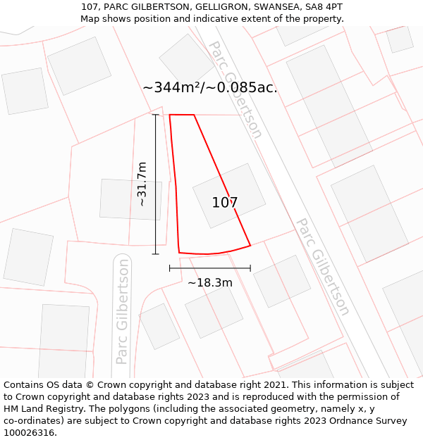 107, PARC GILBERTSON, GELLIGRON, SWANSEA, SA8 4PT: Plot and title map