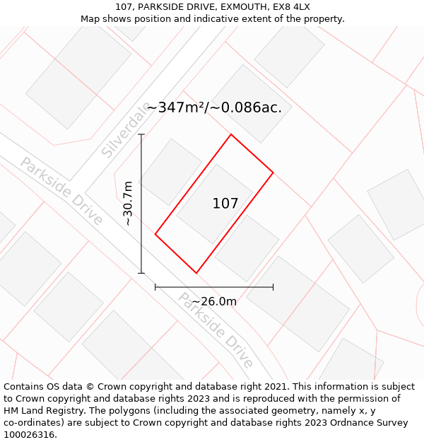 107, PARKSIDE DRIVE, EXMOUTH, EX8 4LX: Plot and title map