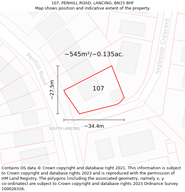 107, PENHILL ROAD, LANCING, BN15 8HF: Plot and title map