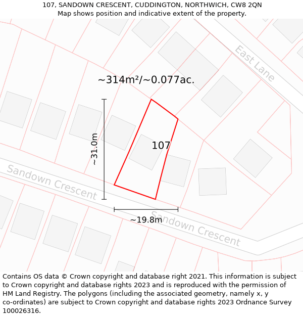 107, SANDOWN CRESCENT, CUDDINGTON, NORTHWICH, CW8 2QN: Plot and title map