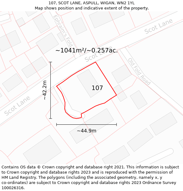 107, SCOT LANE, ASPULL, WIGAN, WN2 1YL: Plot and title map