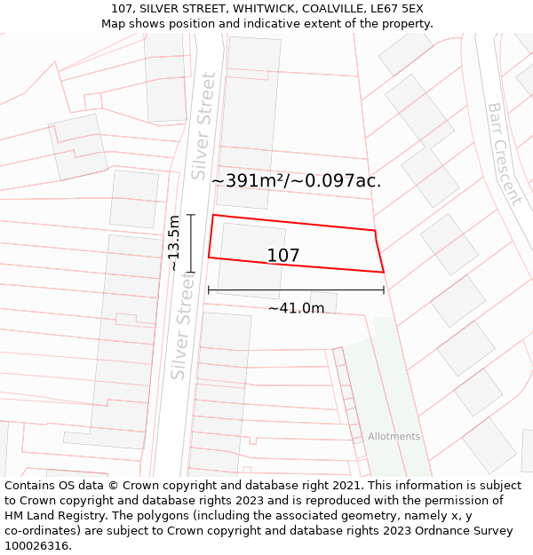 107, SILVER STREET, WHITWICK, COALVILLE, LE67 5EX: Plot and title map