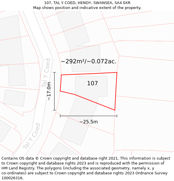 107, TAL Y COED, HENDY, SWANSEA, SA4 0XR: Plot and title map