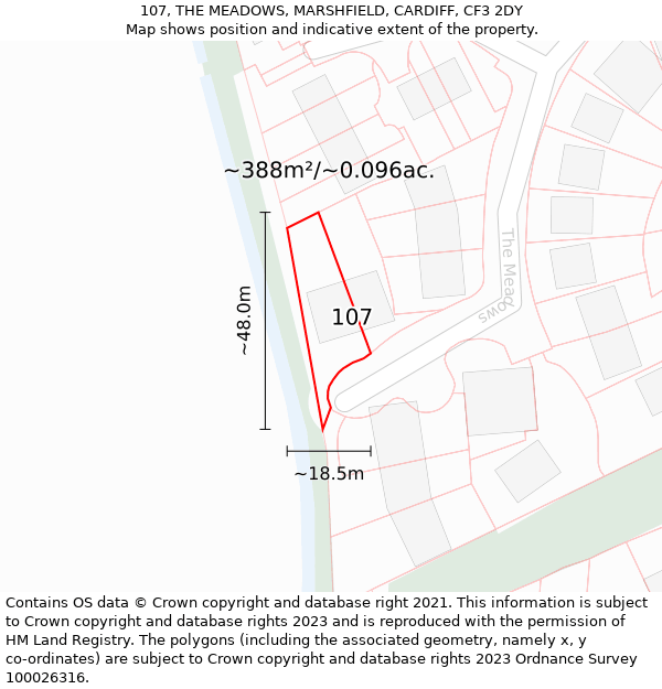 107, THE MEADOWS, MARSHFIELD, CARDIFF, CF3 2DY: Plot and title map