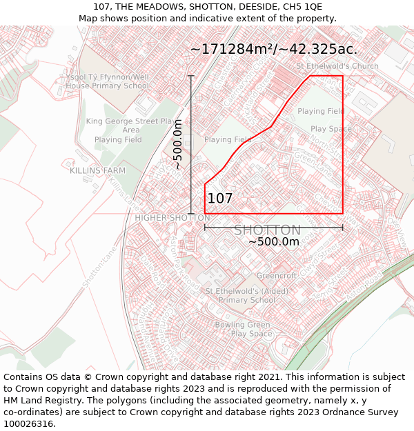 107, THE MEADOWS, SHOTTON, DEESIDE, CH5 1QE: Plot and title map