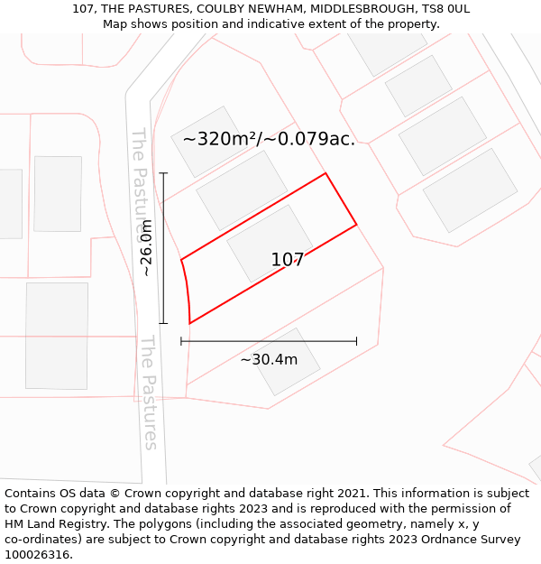 107, THE PASTURES, COULBY NEWHAM, MIDDLESBROUGH, TS8 0UL: Plot and title map