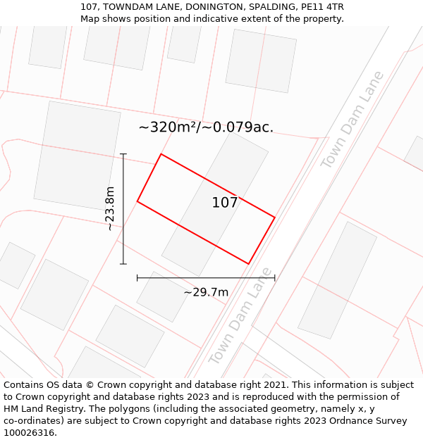 107, TOWNDAM LANE, DONINGTON, SPALDING, PE11 4TR: Plot and title map