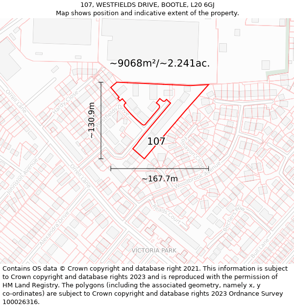 107, WESTFIELDS DRIVE, BOOTLE, L20 6GJ: Plot and title map