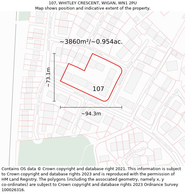 107, WHITLEY CRESCENT, WIGAN, WN1 2PU: Plot and title map