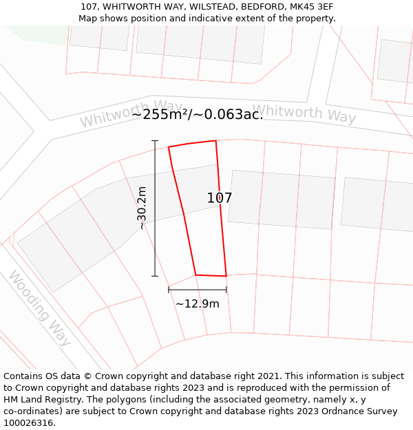 107, WHITWORTH WAY, WILSTEAD, BEDFORD, MK45 3EF: Plot and title map