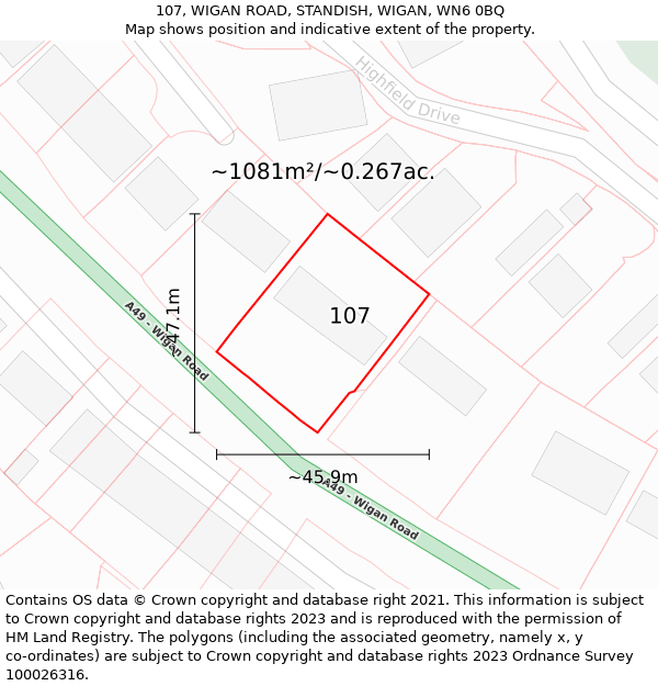 107, WIGAN ROAD, STANDISH, WIGAN, WN6 0BQ: Plot and title map