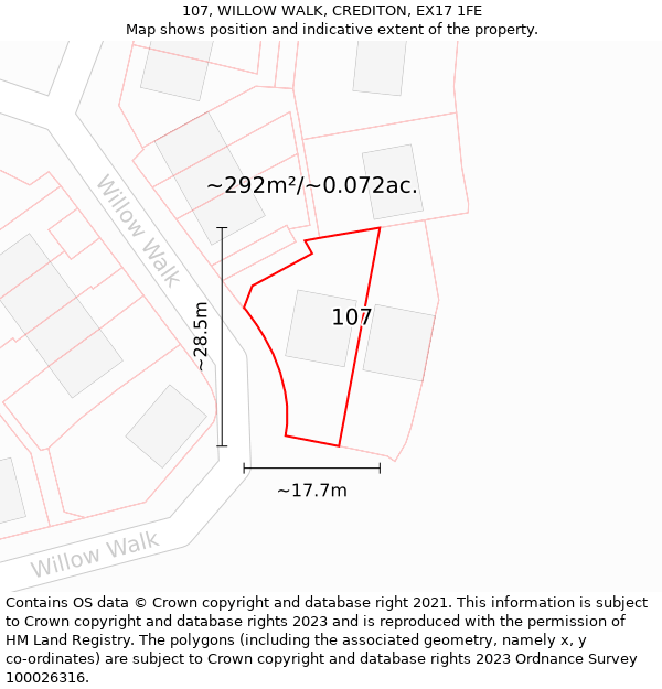 107, WILLOW WALK, CREDITON, EX17 1FE: Plot and title map