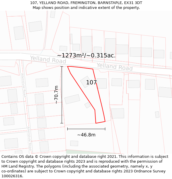 107, YELLAND ROAD, FREMINGTON, BARNSTAPLE, EX31 3DT: Plot and title map