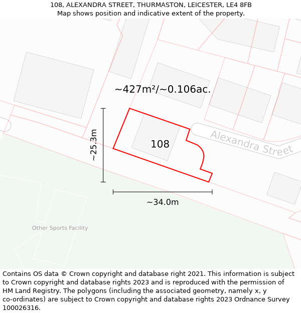 108, ALEXANDRA STREET, THURMASTON, LEICESTER, LE4 8FB: Plot and title map