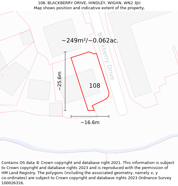 108, BLACKBERRY DRIVE, HINDLEY, WIGAN, WN2 3JU: Plot and title map