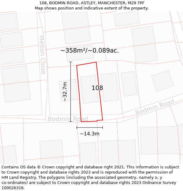 108, BODMIN ROAD, ASTLEY, MANCHESTER, M29 7PF: Plot and title map