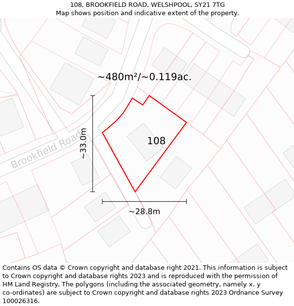 108, BROOKFIELD ROAD, WELSHPOOL, SY21 7TG: Plot and title map