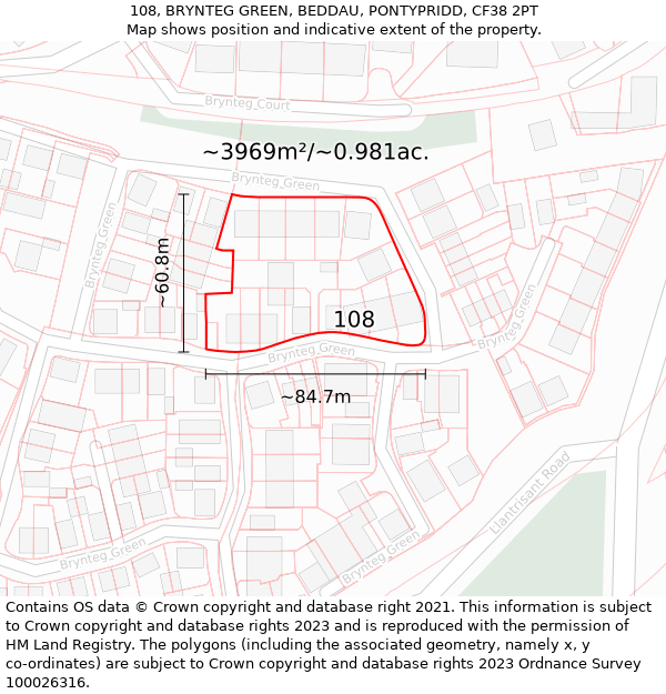 108, BRYNTEG GREEN, BEDDAU, PONTYPRIDD, CF38 2PT: Plot and title map