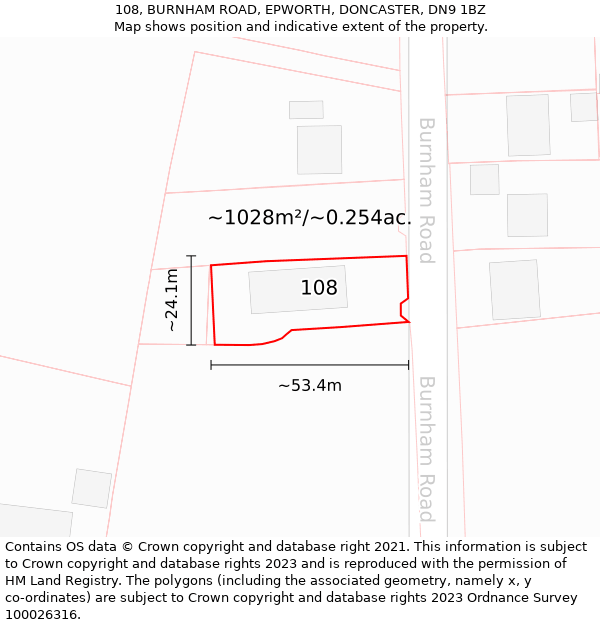 108, BURNHAM ROAD, EPWORTH, DONCASTER, DN9 1BZ: Plot and title map