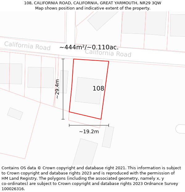 108, CALIFORNIA ROAD, CALIFORNIA, GREAT YARMOUTH, NR29 3QW: Plot and title map