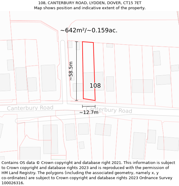 108, CANTERBURY ROAD, LYDDEN, DOVER, CT15 7ET: Plot and title map