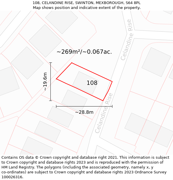 108, CELANDINE RISE, SWINTON, MEXBOROUGH, S64 8PL: Plot and title map