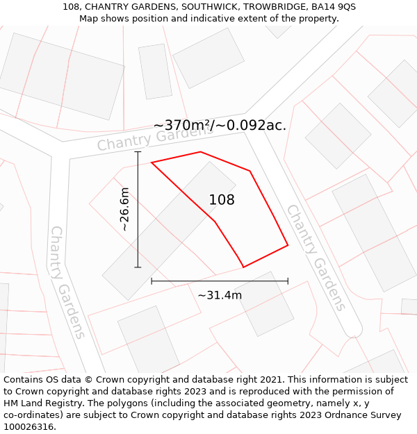 108, CHANTRY GARDENS, SOUTHWICK, TROWBRIDGE, BA14 9QS: Plot and title map