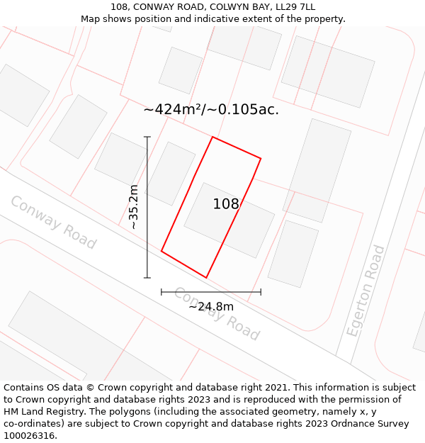 108, CONWAY ROAD, COLWYN BAY, LL29 7LL: Plot and title map