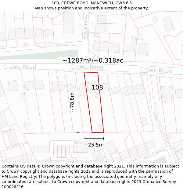 108, CREWE ROAD, NANTWICH, CW5 6JS: Plot and title map