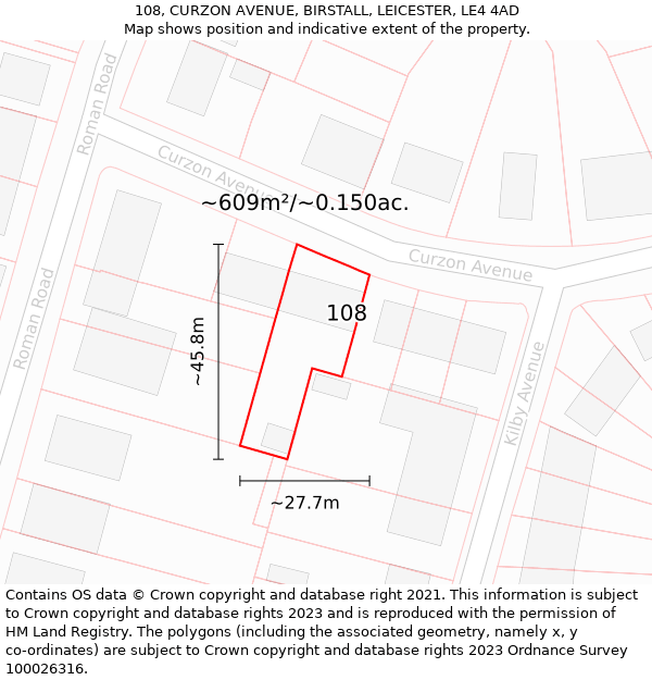 108, CURZON AVENUE, BIRSTALL, LEICESTER, LE4 4AD: Plot and title map