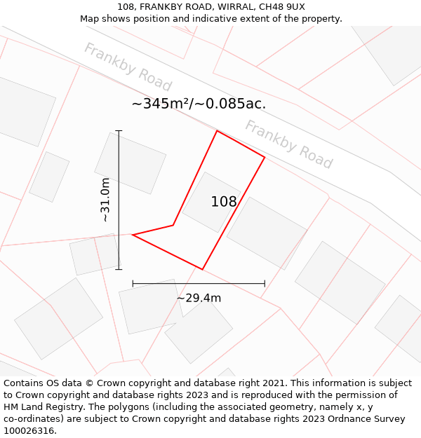 108, FRANKBY ROAD, WIRRAL, CH48 9UX: Plot and title map