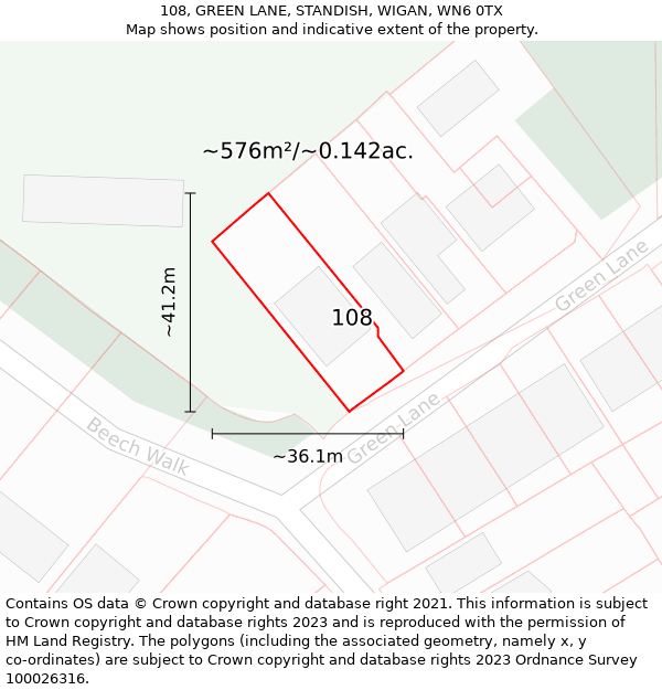 108, GREEN LANE, STANDISH, WIGAN, WN6 0TX: Plot and title map