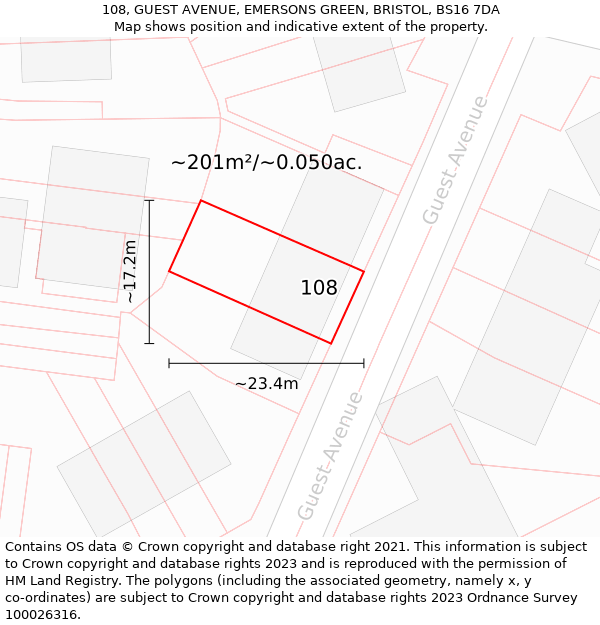 108, GUEST AVENUE, EMERSONS GREEN, BRISTOL, BS16 7DA: Plot and title map