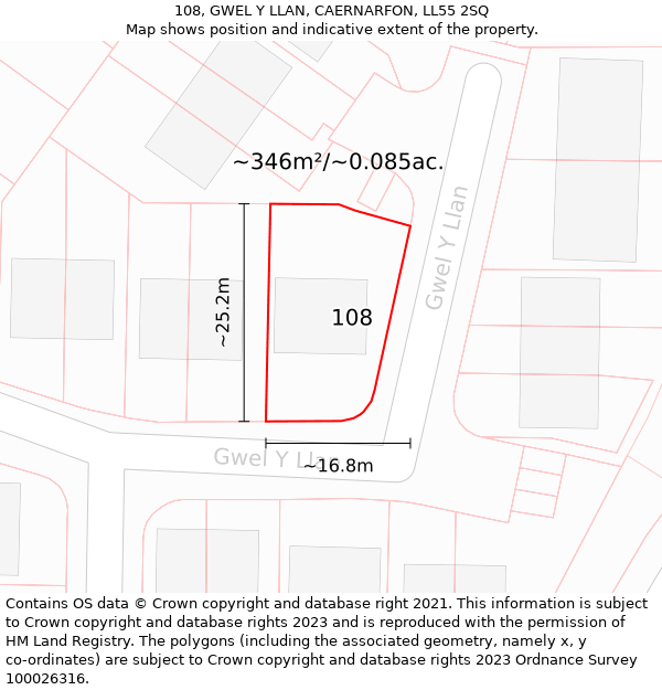 108, GWEL Y LLAN, CAERNARFON, LL55 2SQ: Plot and title map