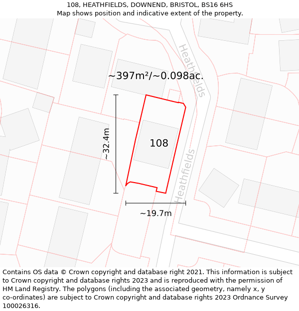 108, HEATHFIELDS, DOWNEND, BRISTOL, BS16 6HS: Plot and title map