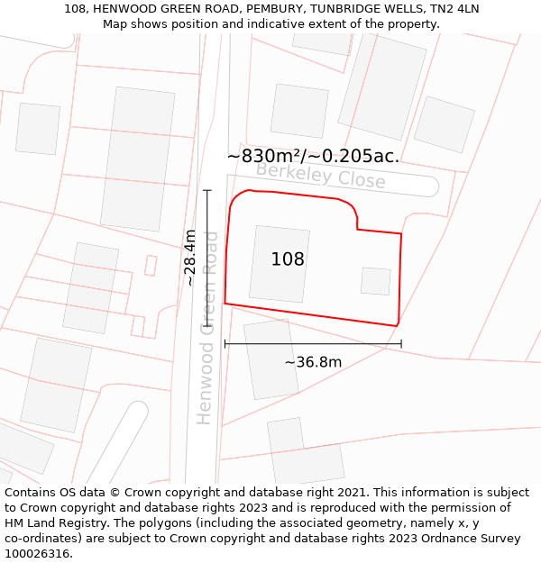 108, HENWOOD GREEN ROAD, PEMBURY, TUNBRIDGE WELLS, TN2 4LN: Plot and title map