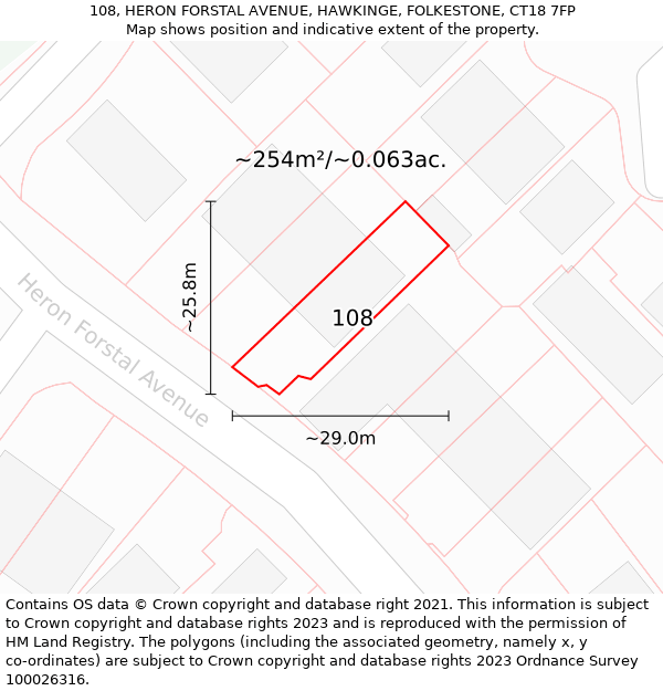 108, HERON FORSTAL AVENUE, HAWKINGE, FOLKESTONE, CT18 7FP: Plot and title map