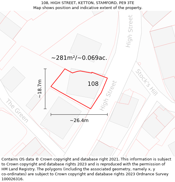 108, HIGH STREET, KETTON, STAMFORD, PE9 3TE: Plot and title map