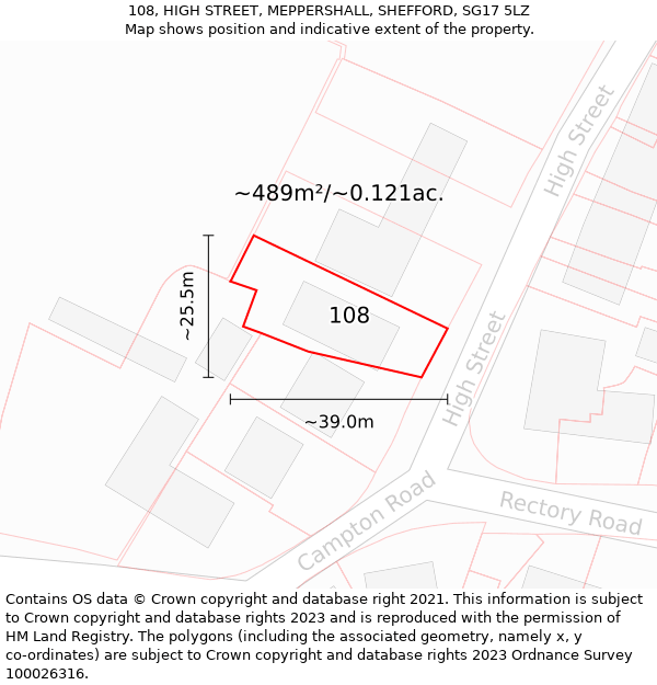 108, HIGH STREET, MEPPERSHALL, SHEFFORD, SG17 5LZ: Plot and title map