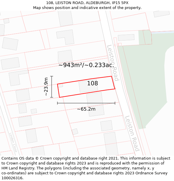 108, LEISTON ROAD, ALDEBURGH, IP15 5PX: Plot and title map
