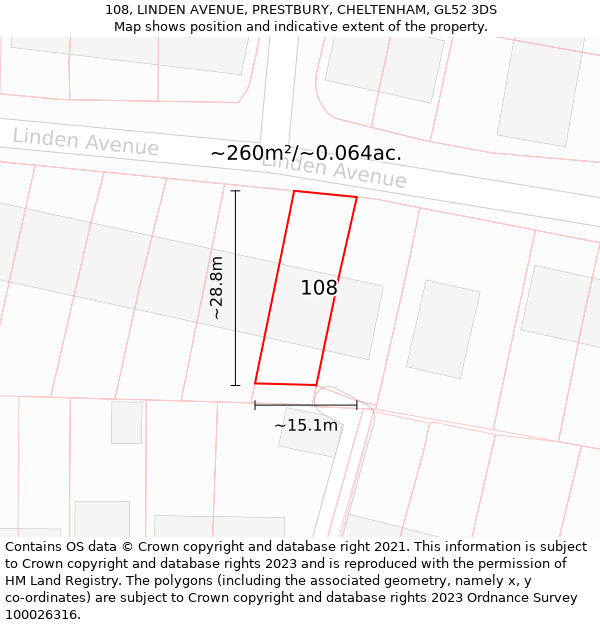 108, LINDEN AVENUE, PRESTBURY, CHELTENHAM, GL52 3DS: Plot and title map