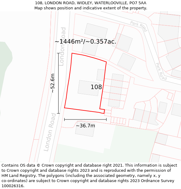 108, LONDON ROAD, WIDLEY, WATERLOOVILLE, PO7 5AA: Plot and title map