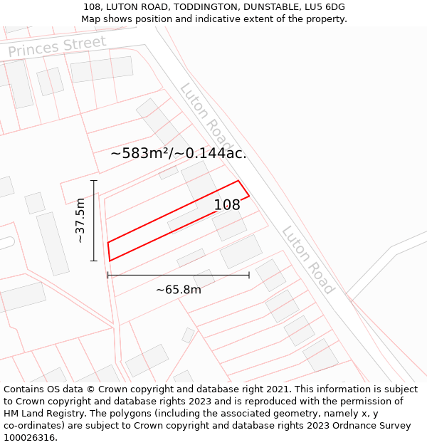 108, LUTON ROAD, TODDINGTON, DUNSTABLE, LU5 6DG: Plot and title map