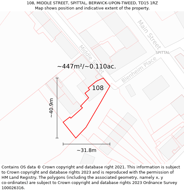 108, MIDDLE STREET, SPITTAL, BERWICK-UPON-TWEED, TD15 1RZ: Plot and title map