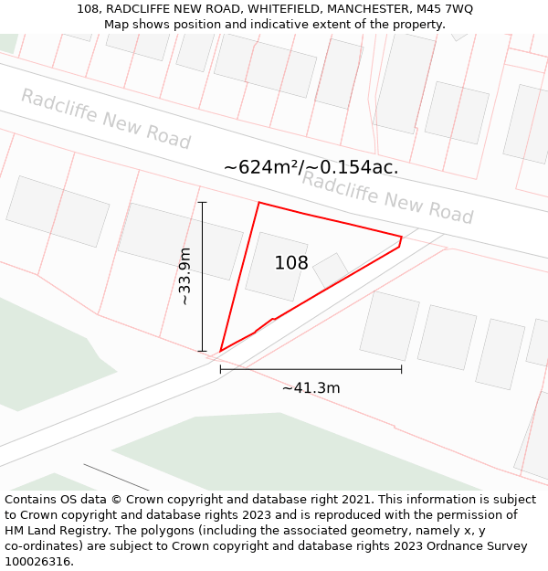 108, RADCLIFFE NEW ROAD, WHITEFIELD, MANCHESTER, M45 7WQ: Plot and title map